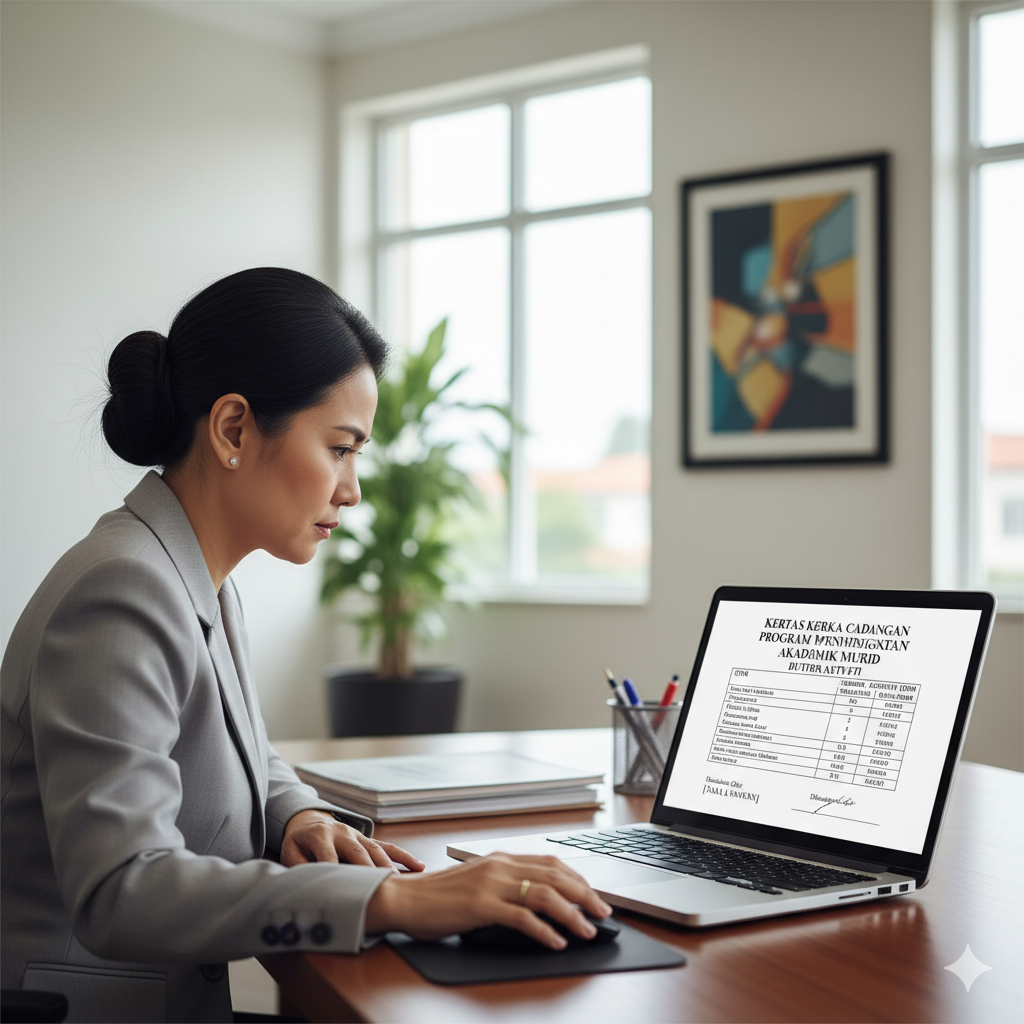 AI-generated official documents including Kertas Kerja, OPPM, and Nota Minta on screen